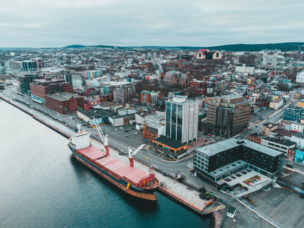 Harbor of modern city with cargo ship